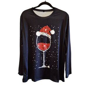 Christmas Wine Glass Long Sleeve Tee XL Holiday Festival Artsy